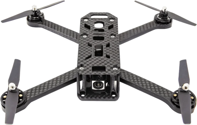 Carbon fiber quadcopter frame with CNC-cut plates, arms and motors